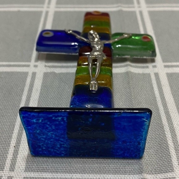 Multi Rainbow Color Art Glass Cross Silver Tone Jesus Crucifix Religious Gift - Picture 3 of 4